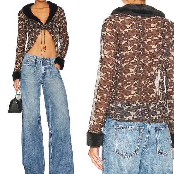 superdown Tops - NWT SUPERDOWN Leopard Print Sheer front tie with faux fur Trim top size XS